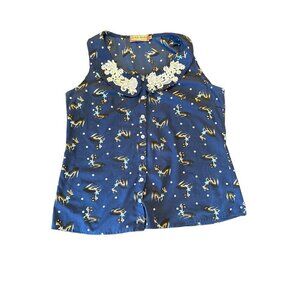 Beach Bash Womens Deer Print Button-Down Top With Lace Collar & Polka Dots